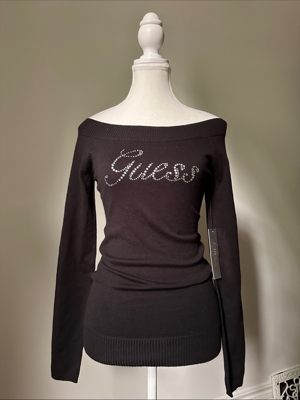 NWT GUESS Black Ribbed Bedazzled Off the Shoulder Goth Grunge Long Sleeve Medium